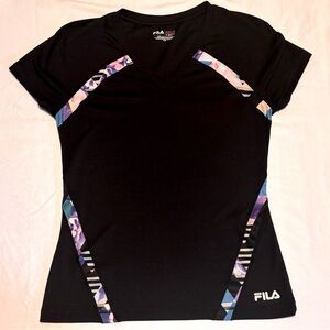 (S) FILA Black Workout Top W/ 4 Corner Colorful Highlights